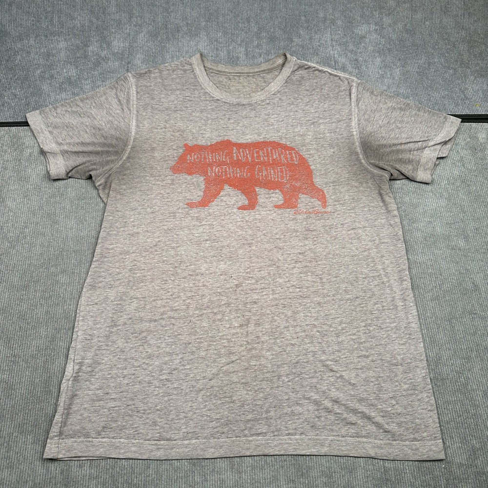 Eddie Bauer Mens Y2k Gray Nothing Adventured Nothing Gained Bear Graphic T-Shirt